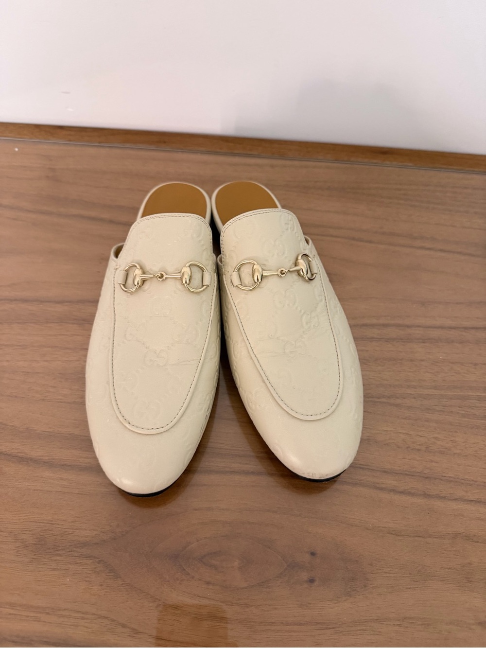 Gucci Cream Embossed Leather Horsebit Mules